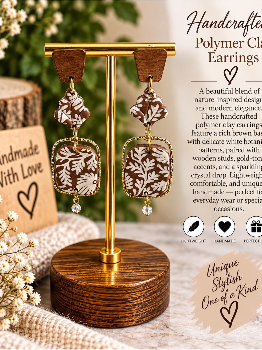 Handcrafted Brown and White Botanical Polymer Clay Earrings